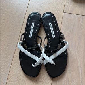 Manolo Blahnik Black and White Leather Crossover Slide Sandals